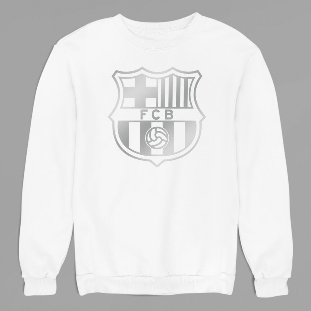NEW FC Barcelona Barca FCB Silver Big Logo Fleece Crew Sweatshirt WINter